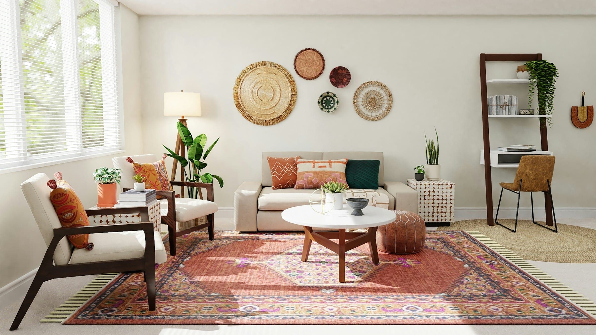 Bright airy living room with rattan wall baskets and a large red Persian rug
