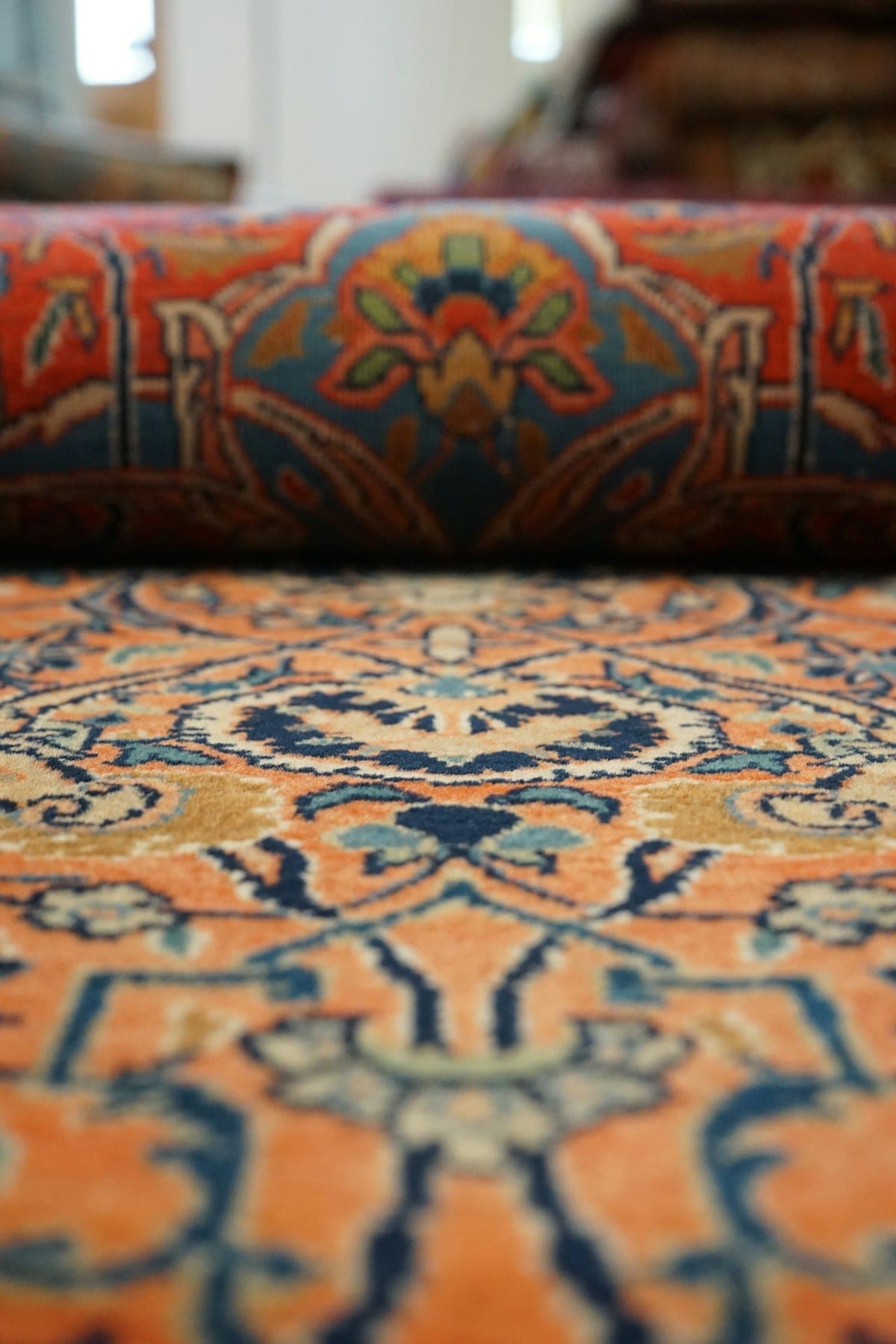 Low-angle view along a coral and navy Persian rug towards its rolled end