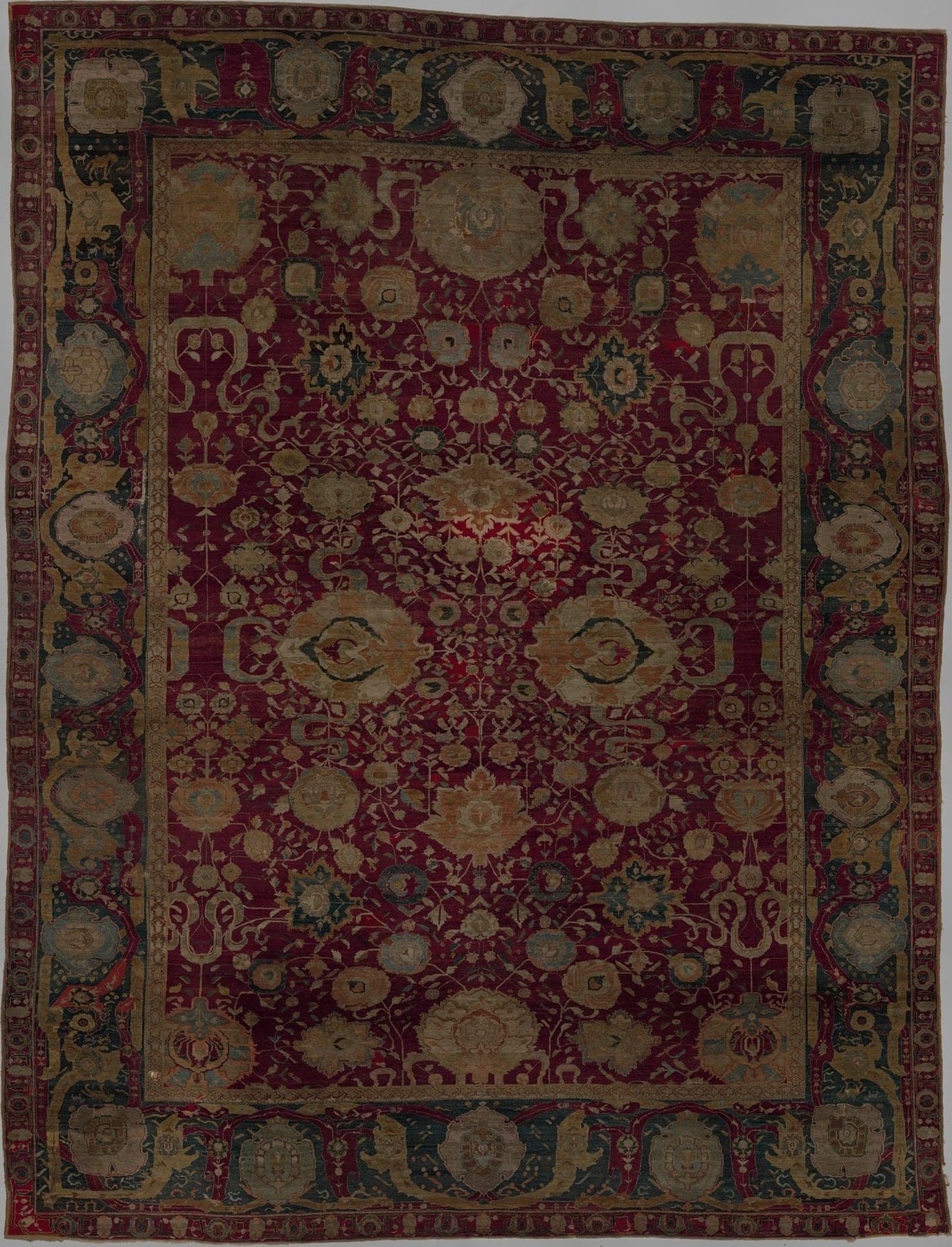 Paisley Kani Garden, a hand-knotted wool and silk rug, shown flat