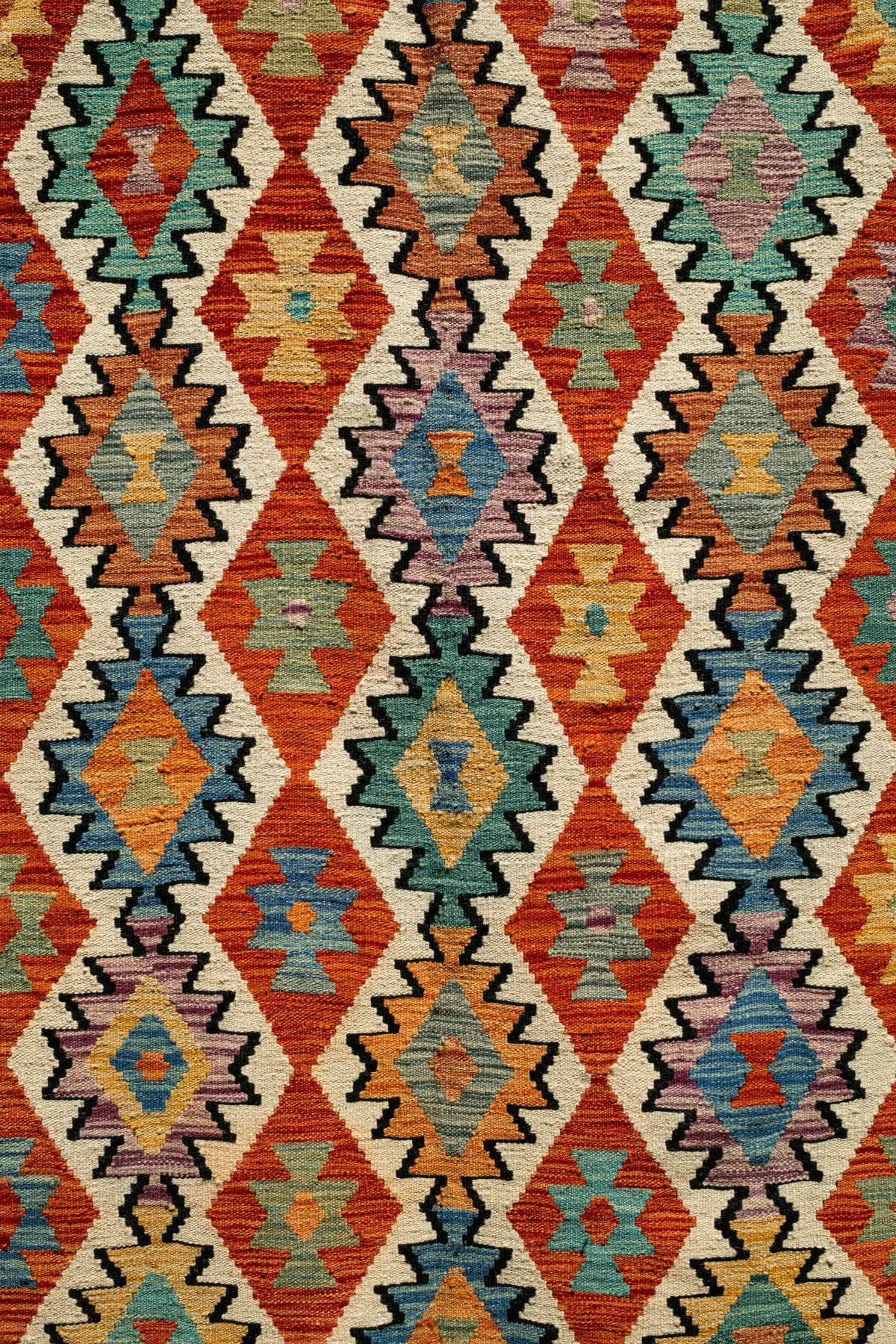 Afghan Soumak, a flat-woven wool rug, shown flat