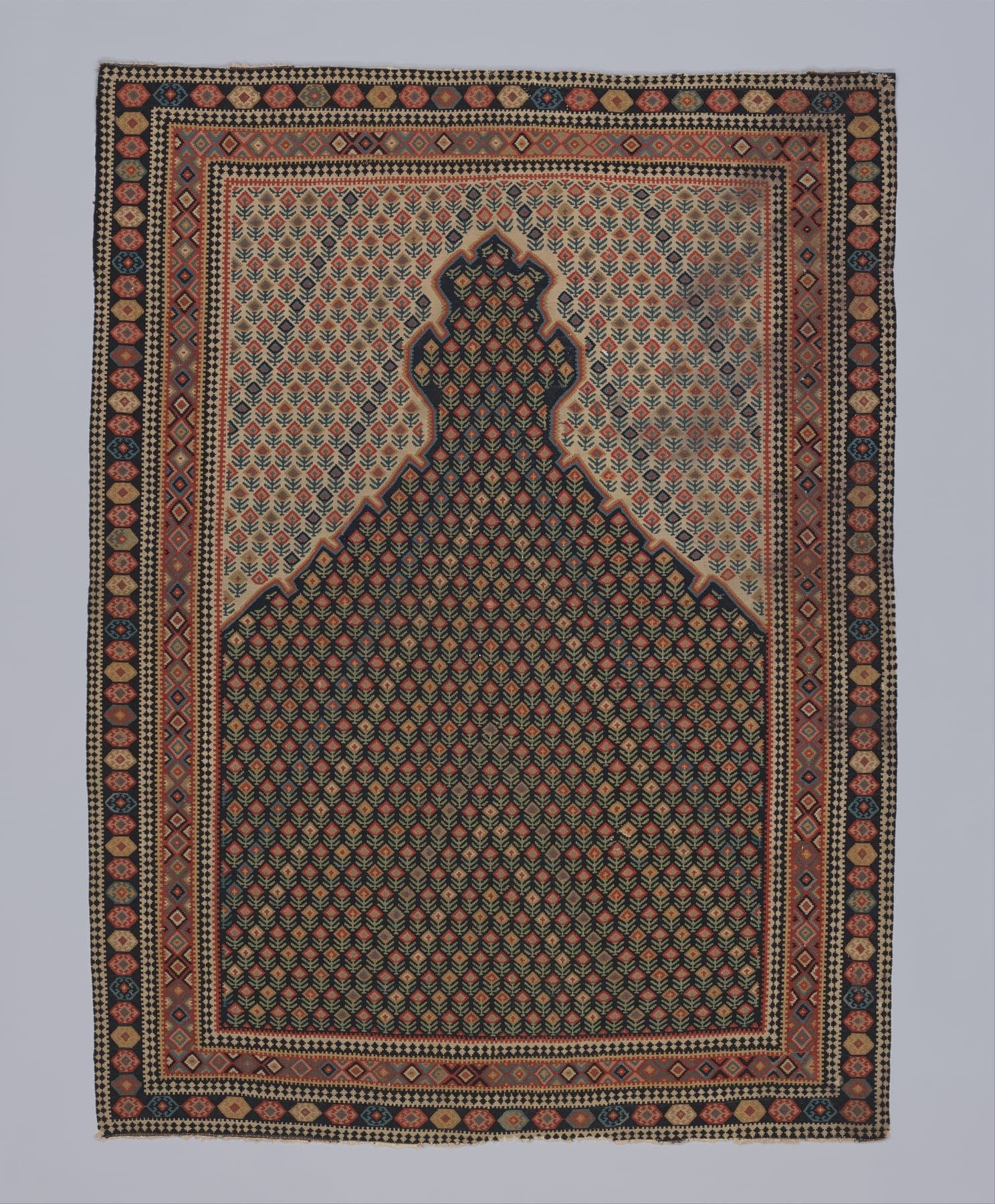 Senneh Boteh Kilim, a flat-woven wool rug, shown flat