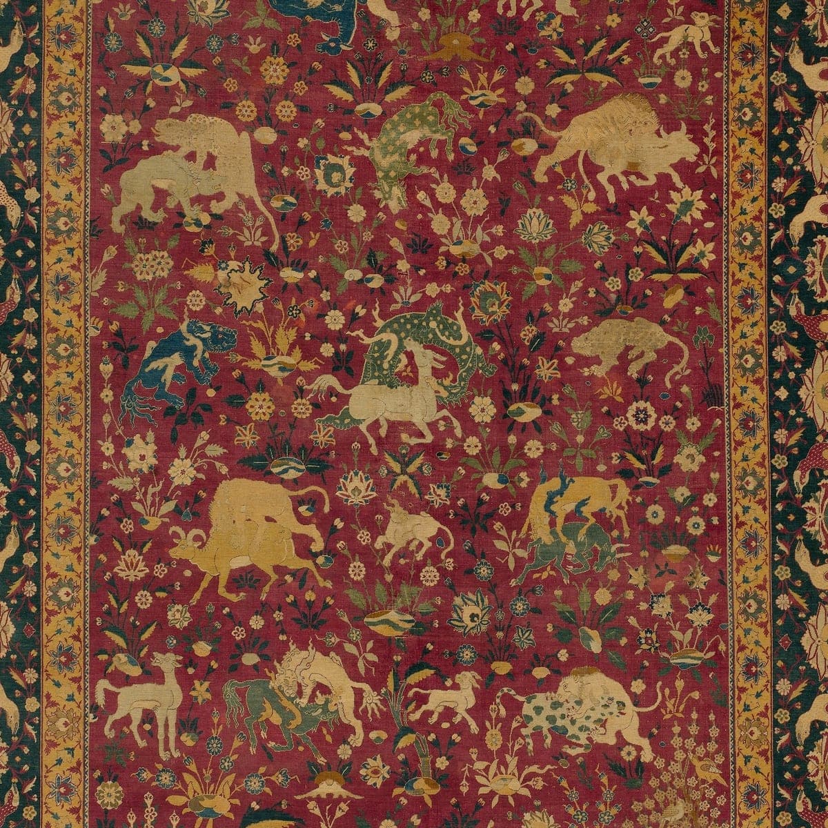 Close-up of the pictorial pattern on the Mughal Hunting Scene