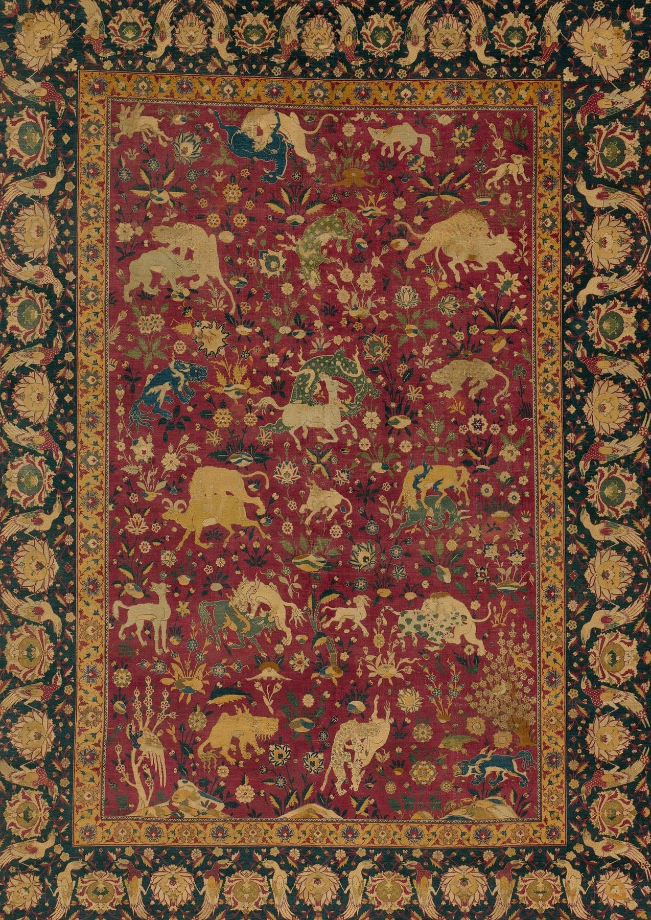 Mughal Hunting Scene, a hand-knotted silk rug, shown flat