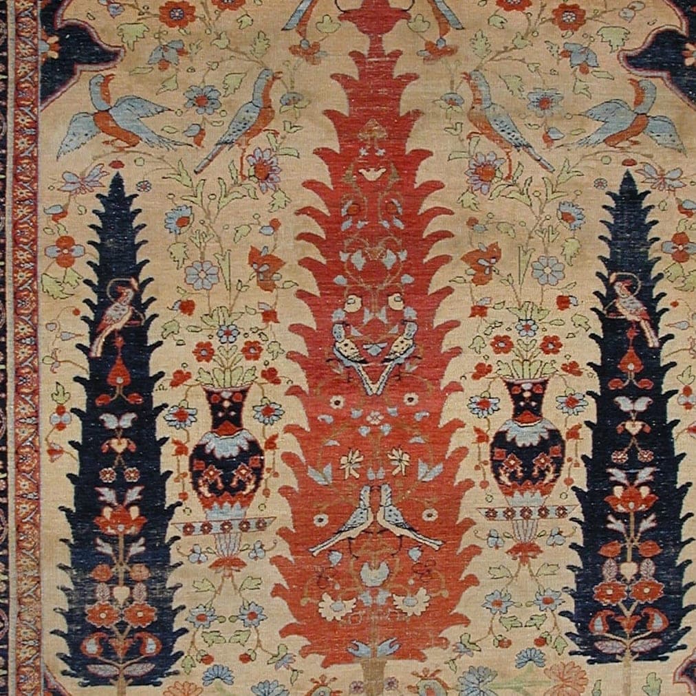 Close-up of the floral pattern on the Qom Silk Floral